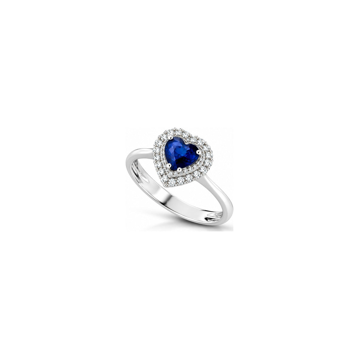 Anello Cuore con Diamanti Naturali e Zaffiro in Oro Bianco 18kt