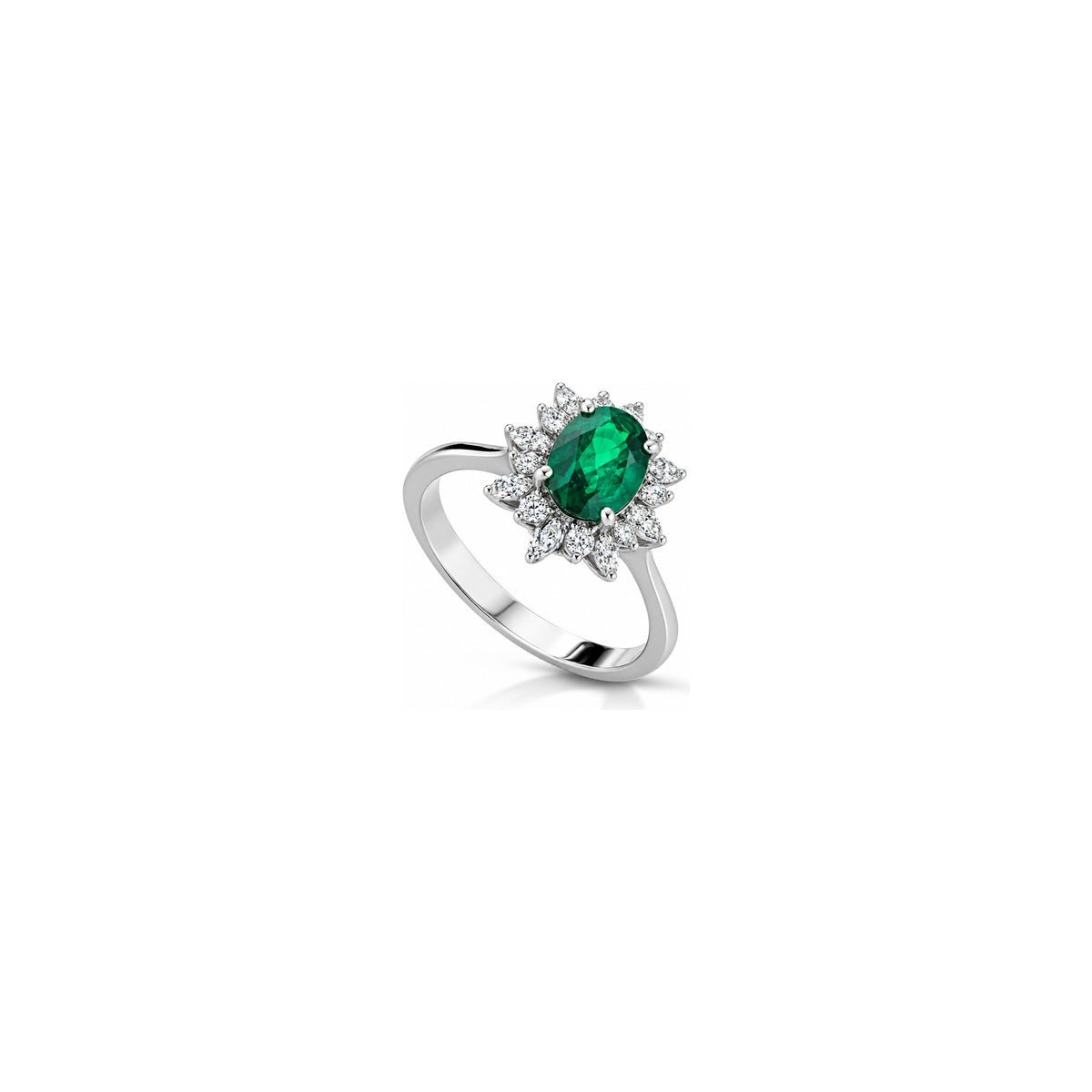 Anello con Diamanti Naturali e Smeraldo in Oro Bianco 18kt