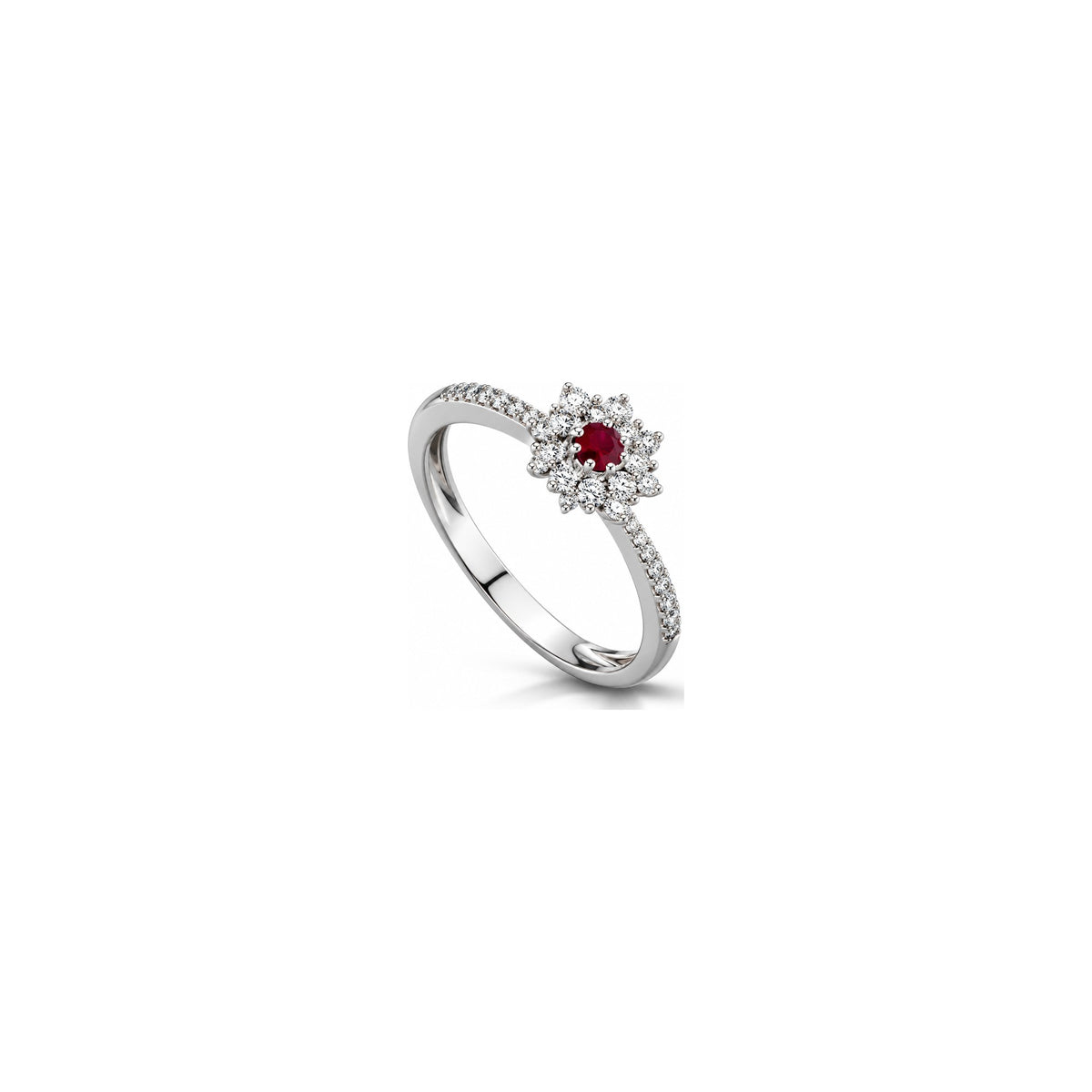 Anello con Diamanti Naturali e Rubino in Oro Bianco 18kt