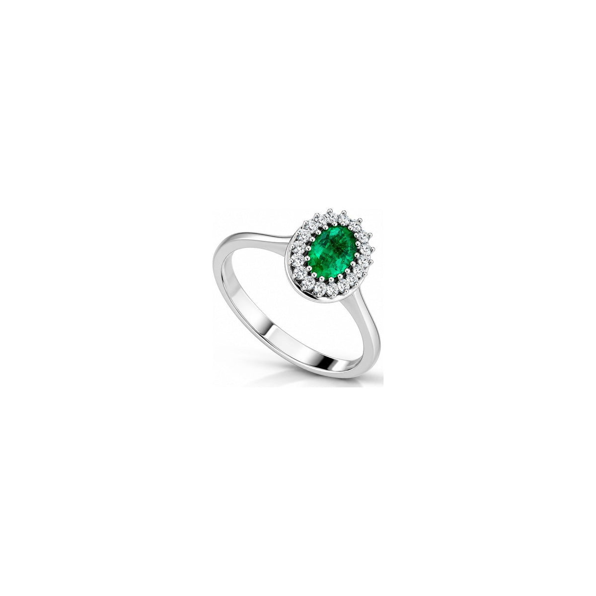 Anello Halo Ovale con Diamanti Naturali e Smeraldo in Oro Bianco 18kt