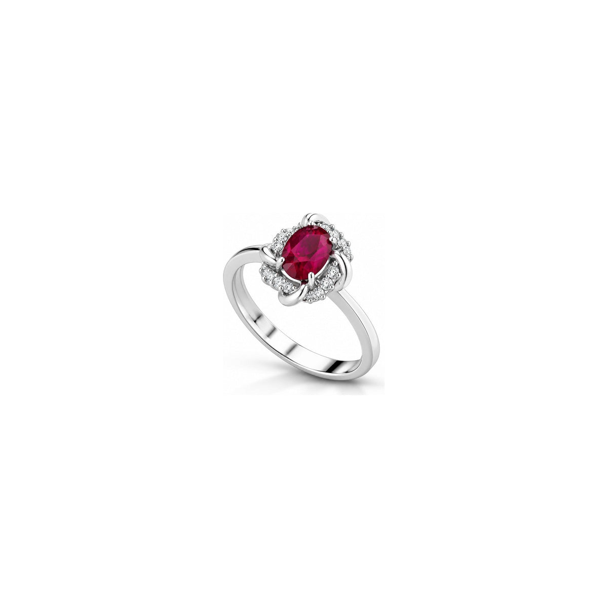 Anello Rosetta Pavé con Diamanti Naturali e Rubino in Oro Bianco 18kt