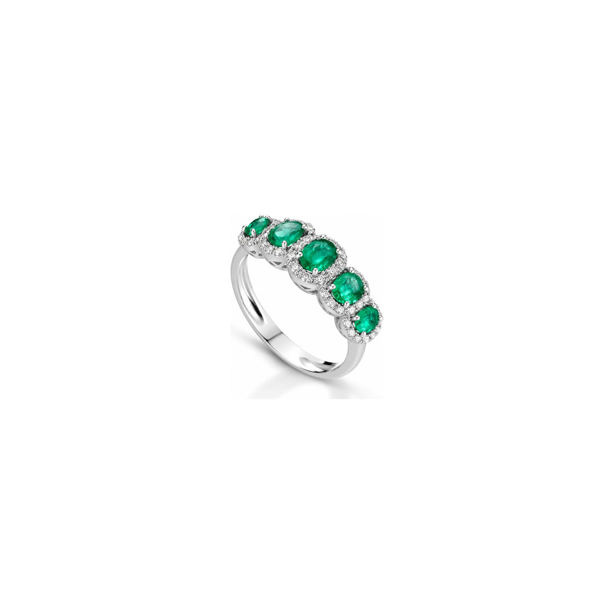 Anello Halo Ovale con Diamanti Naturali e Smeraldo in Oro Bianco 18kt