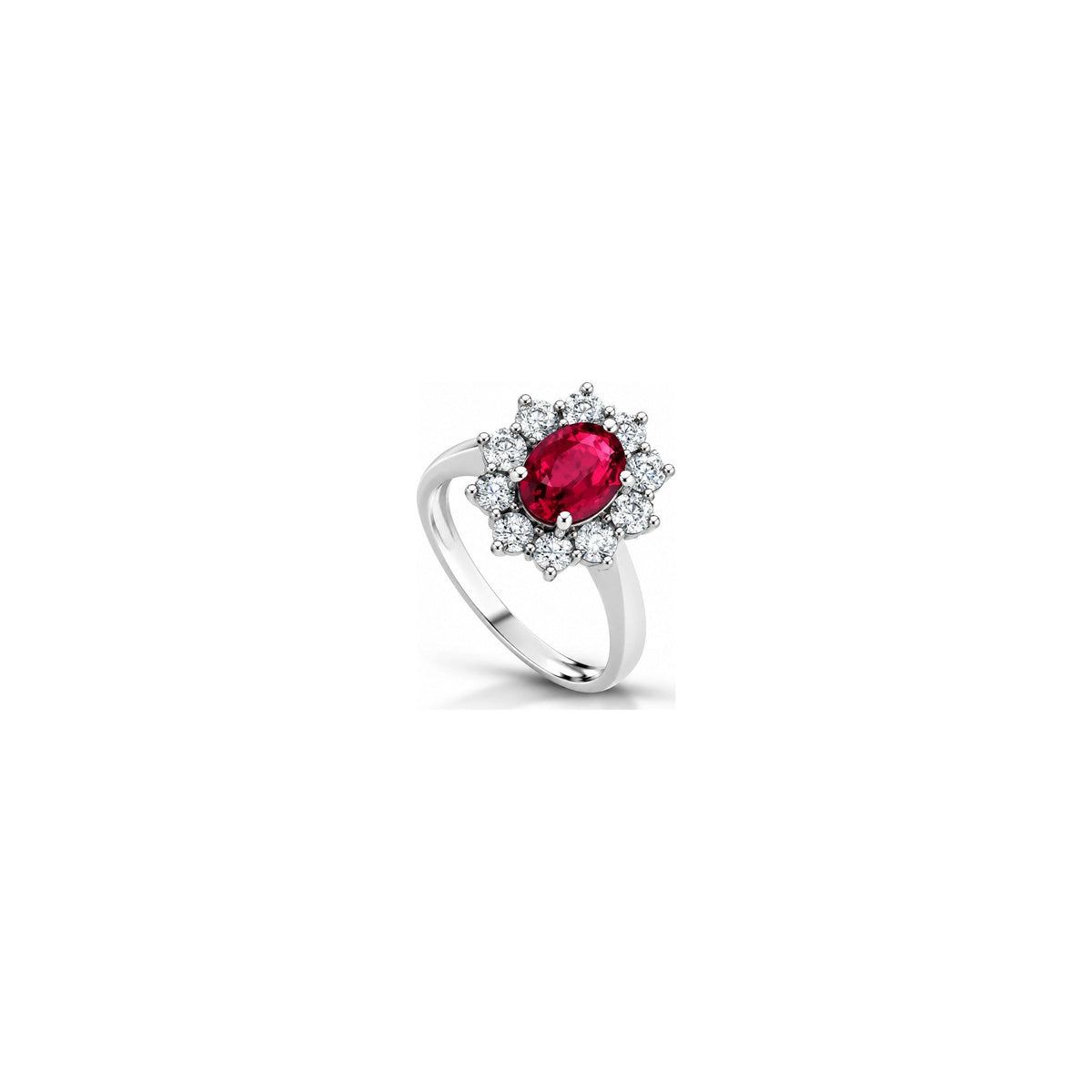 Anello Halo Ovale con Diamanti Naturali e Rubino in Oro Bianco 18kt