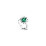 Anello Halo Ovale con Diamanti Naturali e Smeraldo in Oro Bianco 18kt
