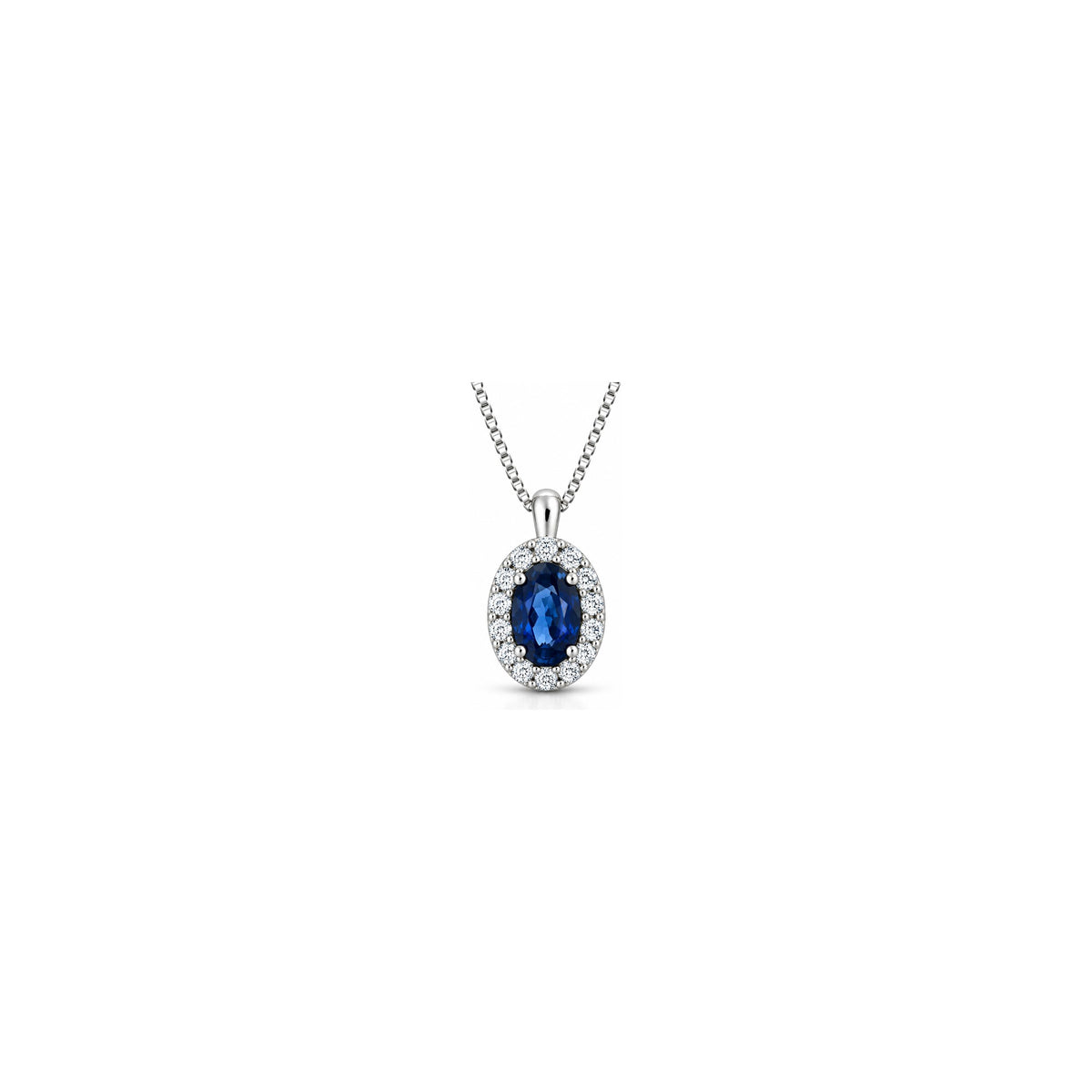 Collana Halo Ovale con Diamanti Naturali e Zaffiro in Oro Bianco 18kt