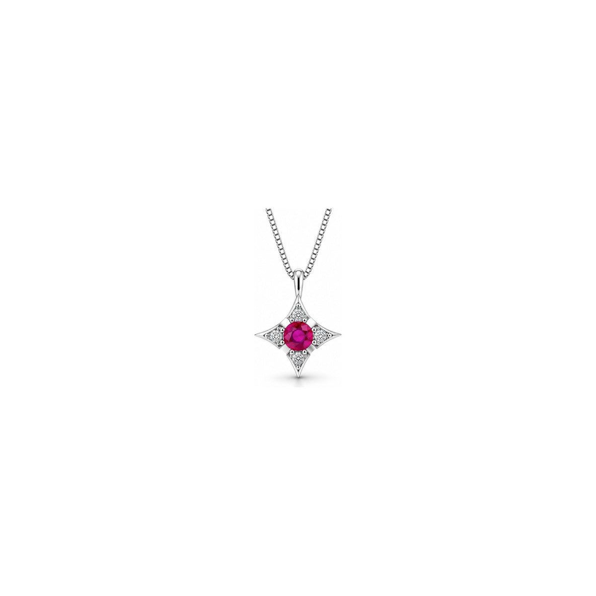 Collana Stella con Diamanti Naturali e Rubino in Oro Bianco 18kt