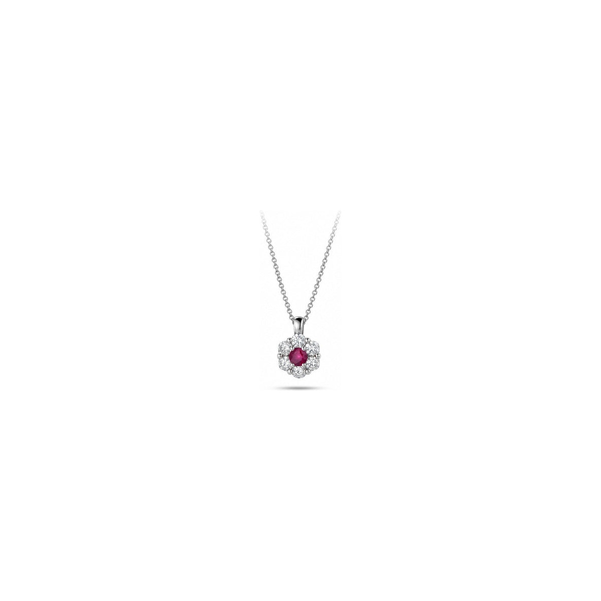 Collana Fiore con Diamanti Naturali e Rubino in Oro Bianco 18kt