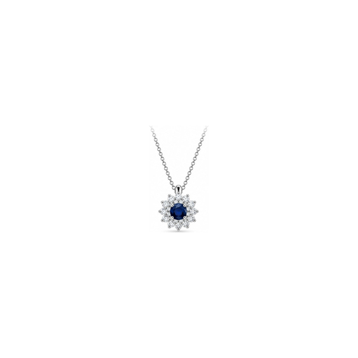 Collana Raggiera con Diamanti Naturali e Zaffiro in Oro Bianco 18kt