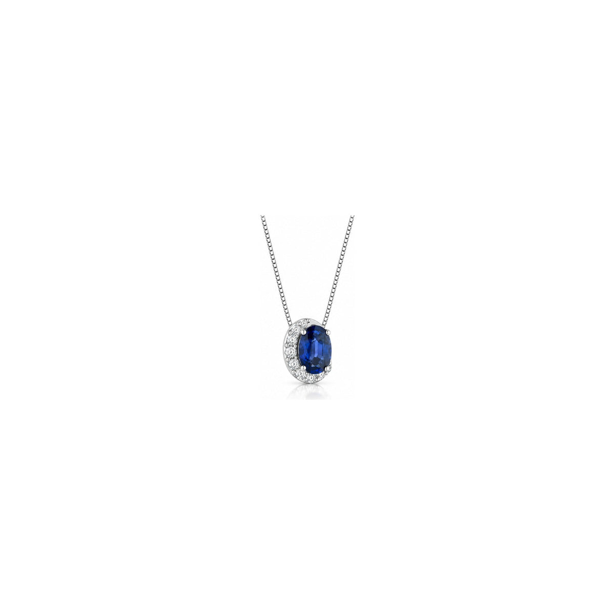 Collana Halo Ovale con Diamanti Naturali e Zaffiro in Oro Bianco 18kt