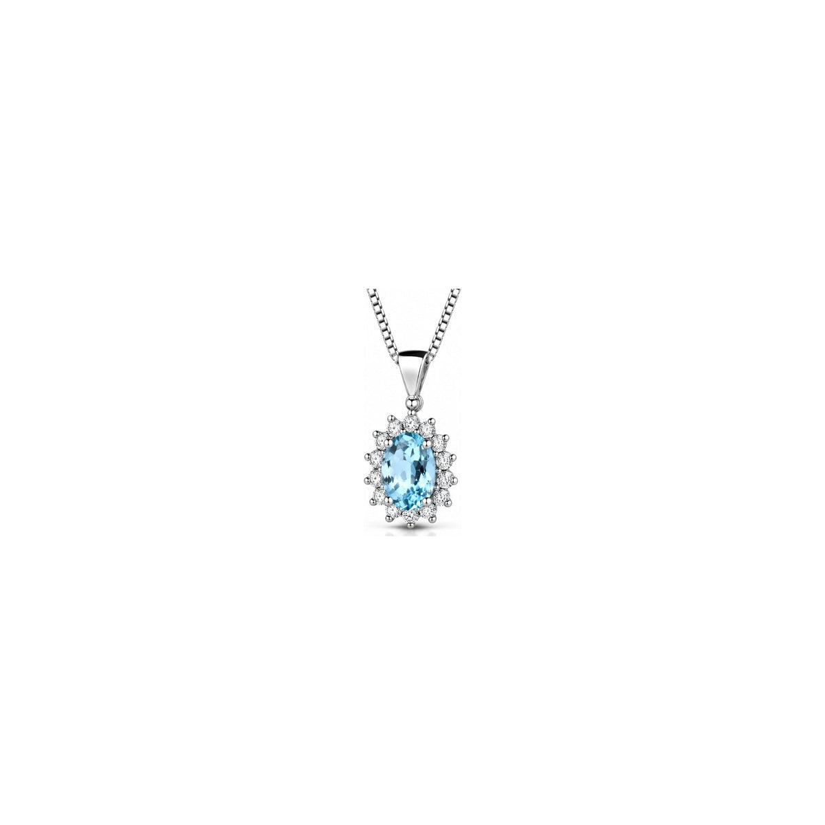 Collana Halo Ovale con Diamanti Naturali e Acquamarina in Oro Bianco 18kt