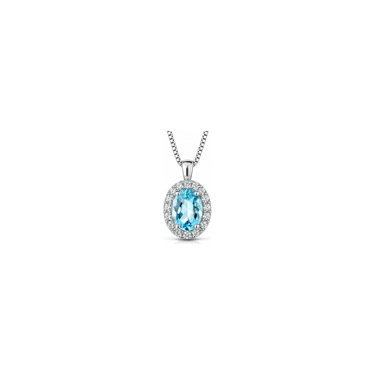 Collana Halo Ovale con Diamanti Naturali e Acquamarina in Oro Bianco 18kt