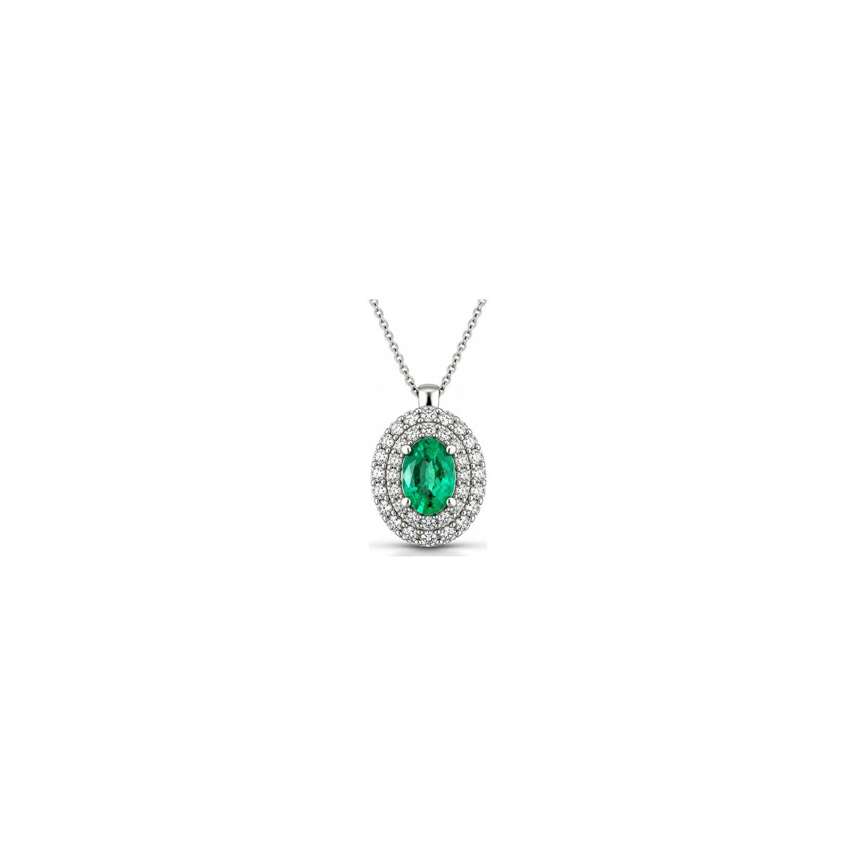 Collana Ovale con Diamanti Naturali e Smeraldo in Oro Bianco 18kt