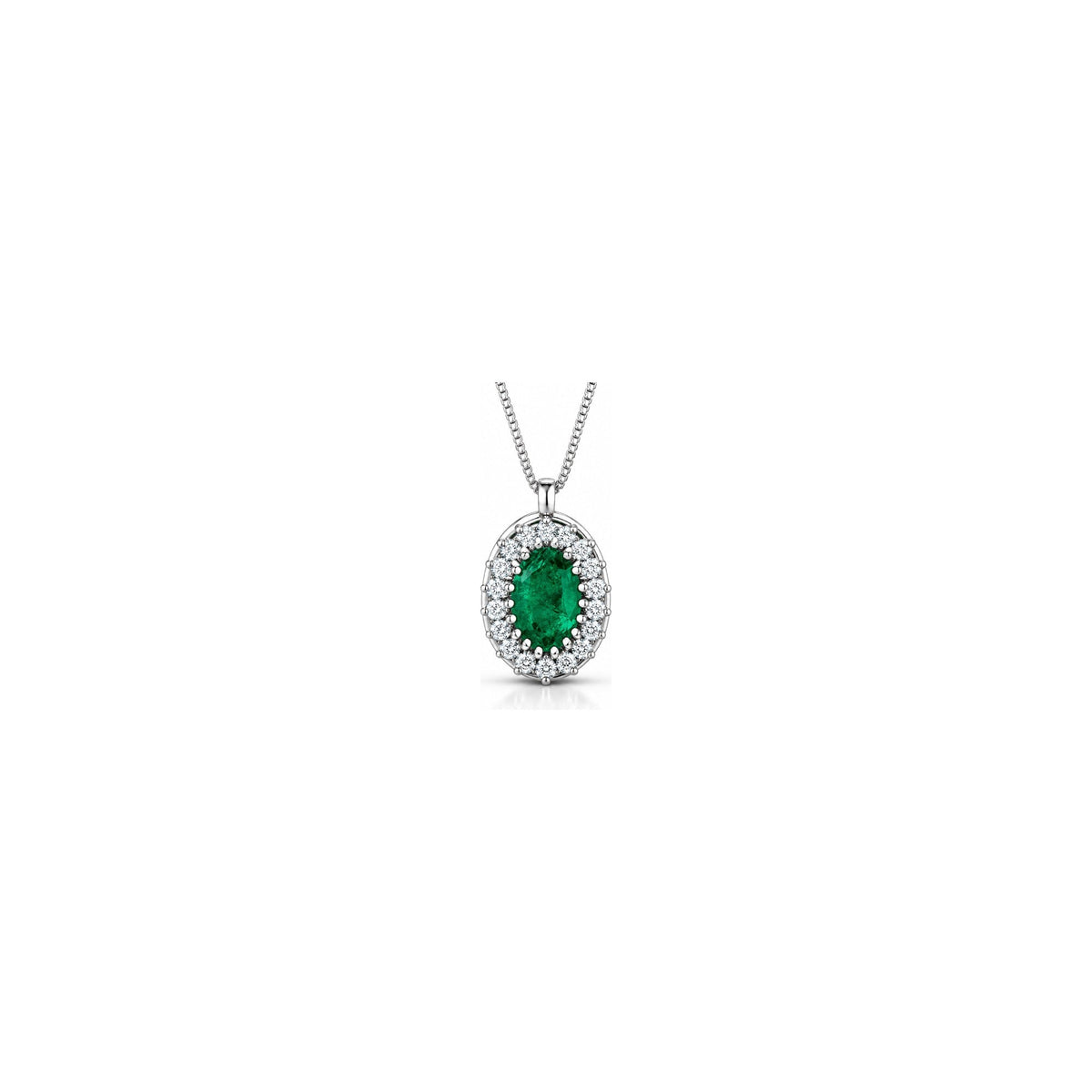 Collana Halo Ovale con Diamanti Naturali e Smeraldo in Oro Bianco 18kt