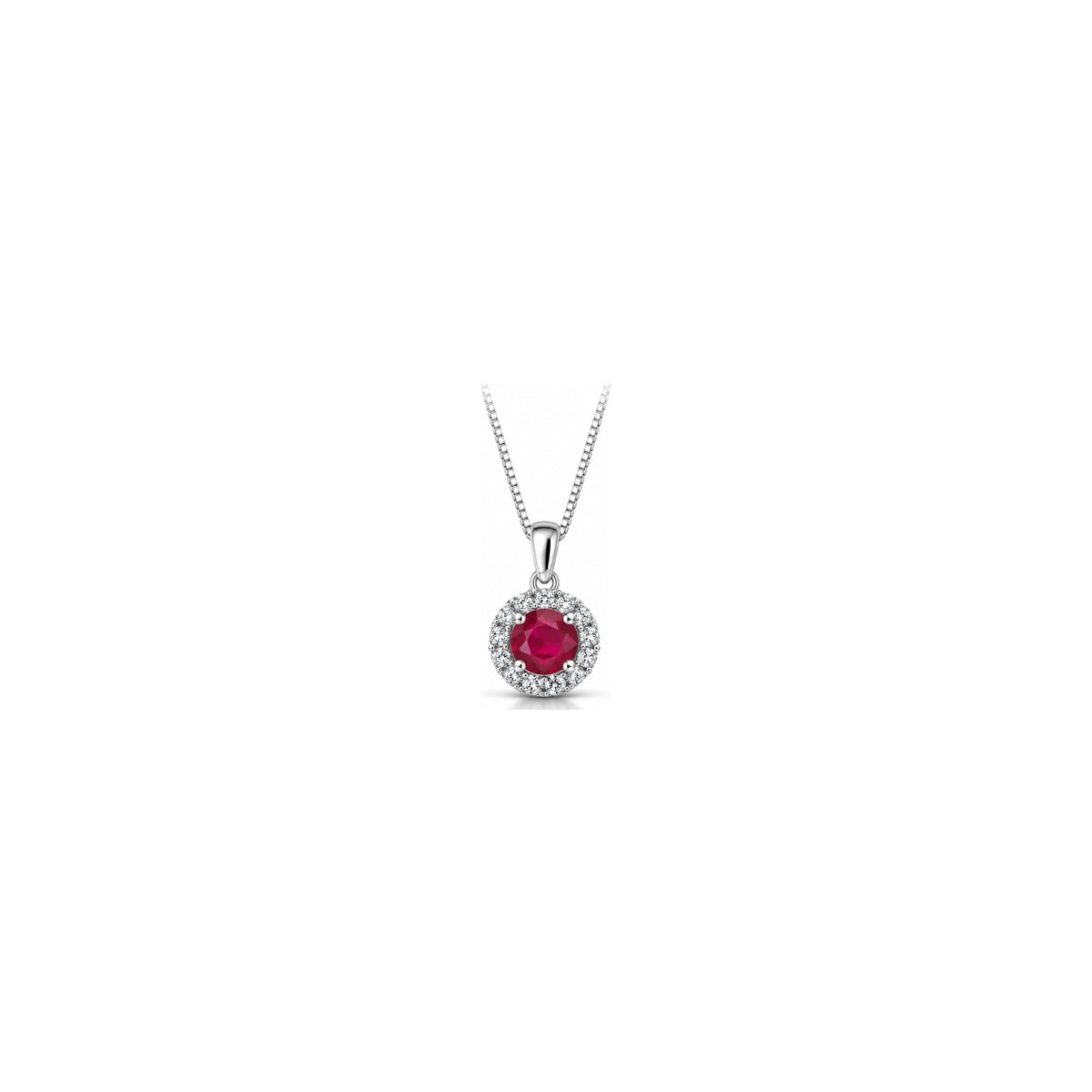Collana Halo con Diamanti Naturali e Rubino in Oro Bianco 18kt