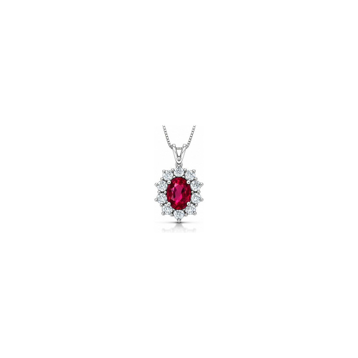 Collana Halo Ovale con Diamanti Naturali e Rubino in Oro Bianco 18kt