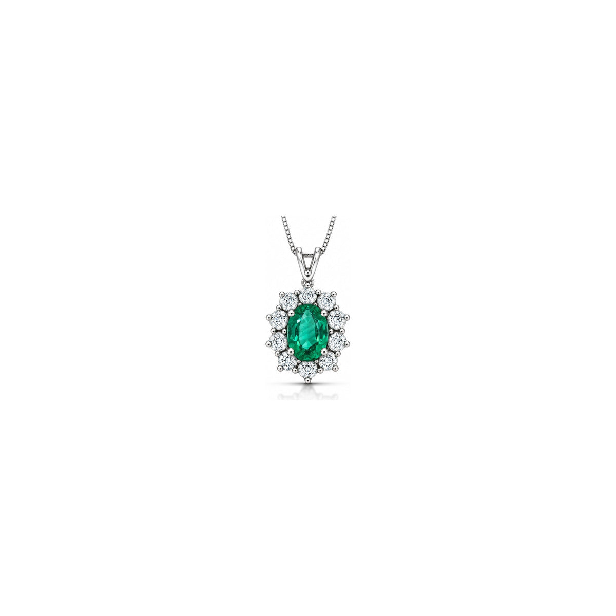 Collana Halo Ovale con Diamanti Naturali e Smeraldo in Oro Bianco 18kt