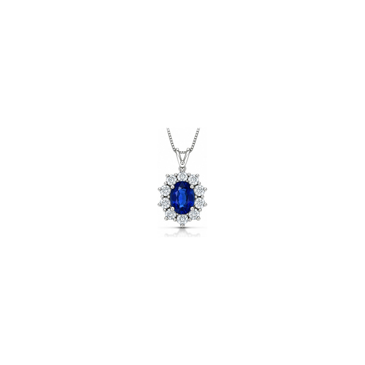Collana Halo Ovale con Diamanti Naturali e Zaffiro in Oro Bianco 18kt