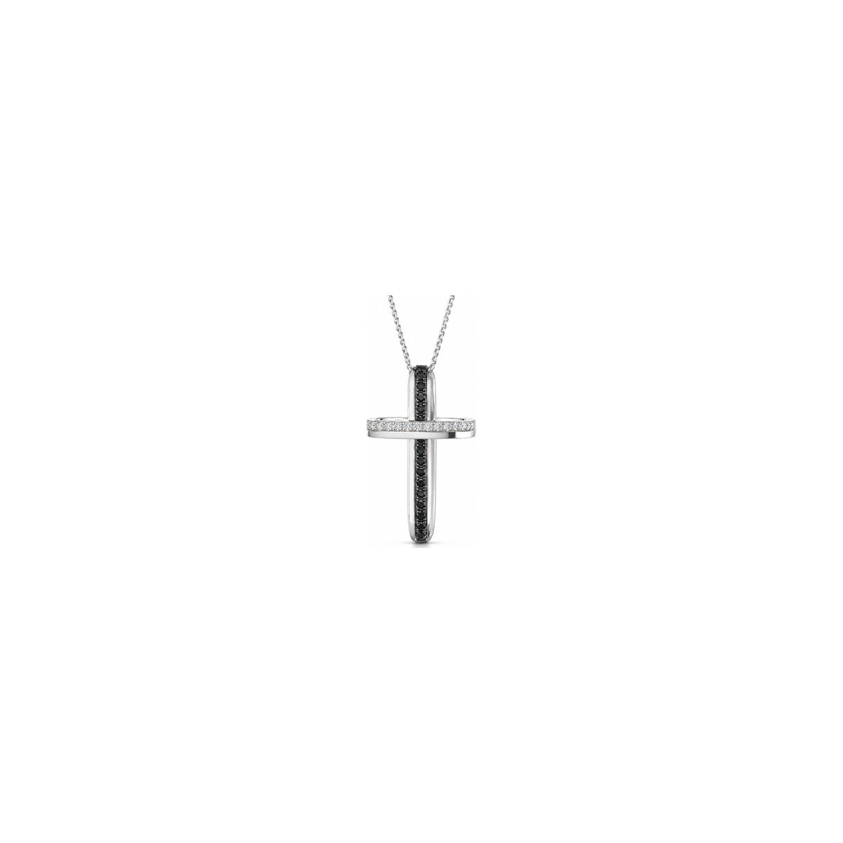 Cruz de mujer estilizada con diamantes naturales blancos y negros en oro blanco de 18kt AuriA