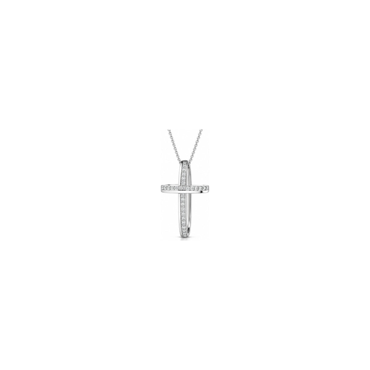 Cruz de mujer estilizada con diamantes naturales blancos y negros en oro blanco de 18kt AuriA
