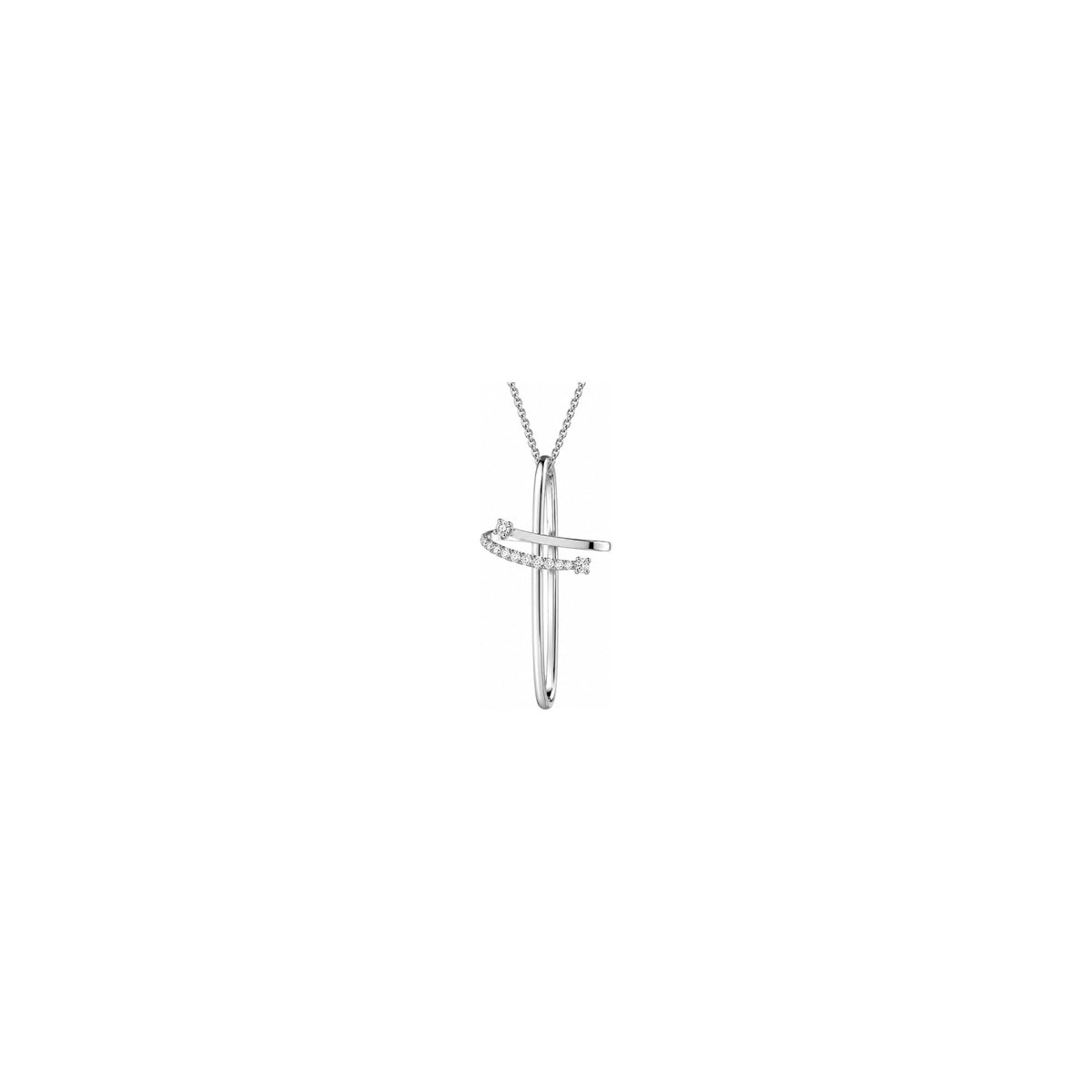 Cruz de mujer estilizada con diamantes naturales blancos y negros en oro blanco de 18kt AuriA