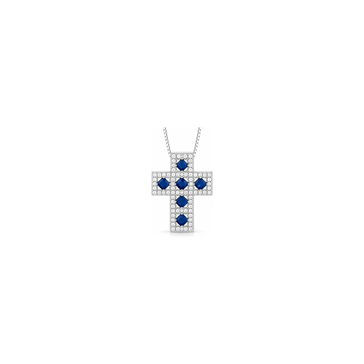 Croce Quadrato Pavé con Diamanti Naturali e Zaffiro in Oro Bianco 18kt