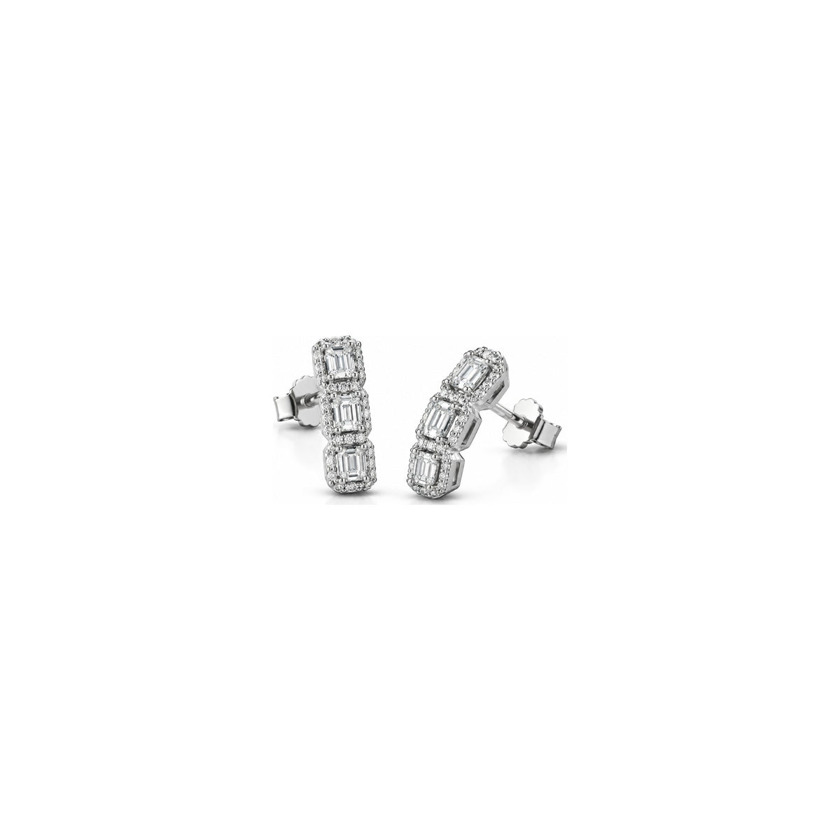 Orecchini Tre Rettangoli Halo con Diamanti Naturali in Oro 18kt