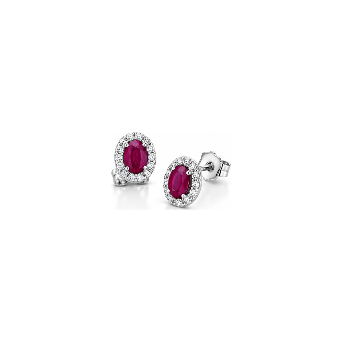 Orecchini Halo Ovale con Diamanti Naturali e Rubino in Oro Bianco 18kt