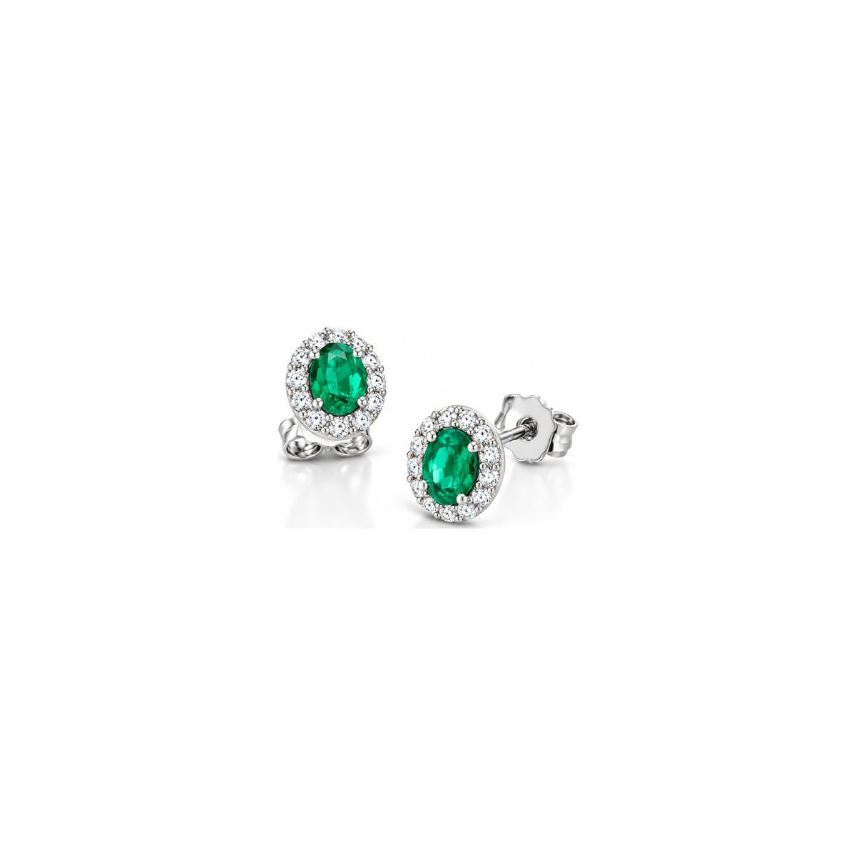 Orecchini Halo Ovale con Diamanti Naturali e Smeraldo in Oro Bianco 18kt