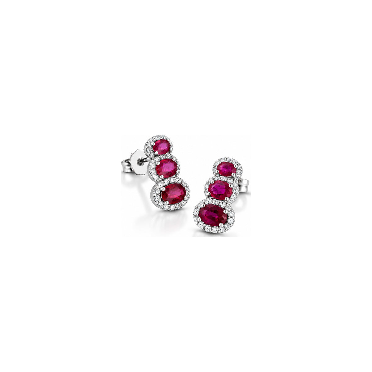 Orecchini Halo Ovale con Diamanti Naturali e Rubino in Oro Bianco 18kt