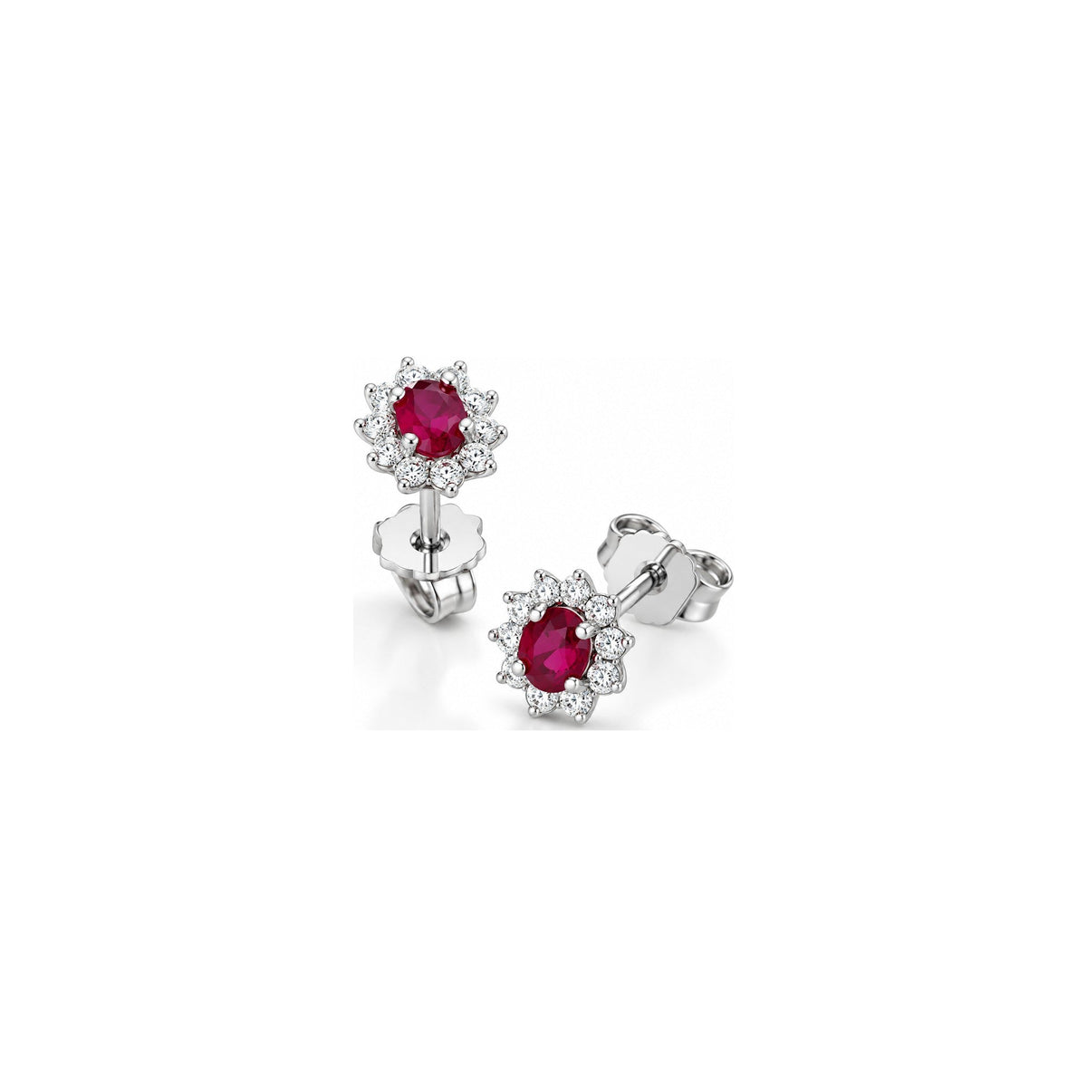Orecchini Fiore Halo con Diamanti Naturali e Rubino in Oro Bianco 18kt