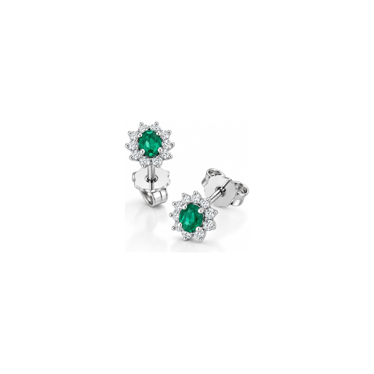 Orecchini Fiore Halo con Diamanti Naturali e Smeraldo in Oro Bianco 18kt