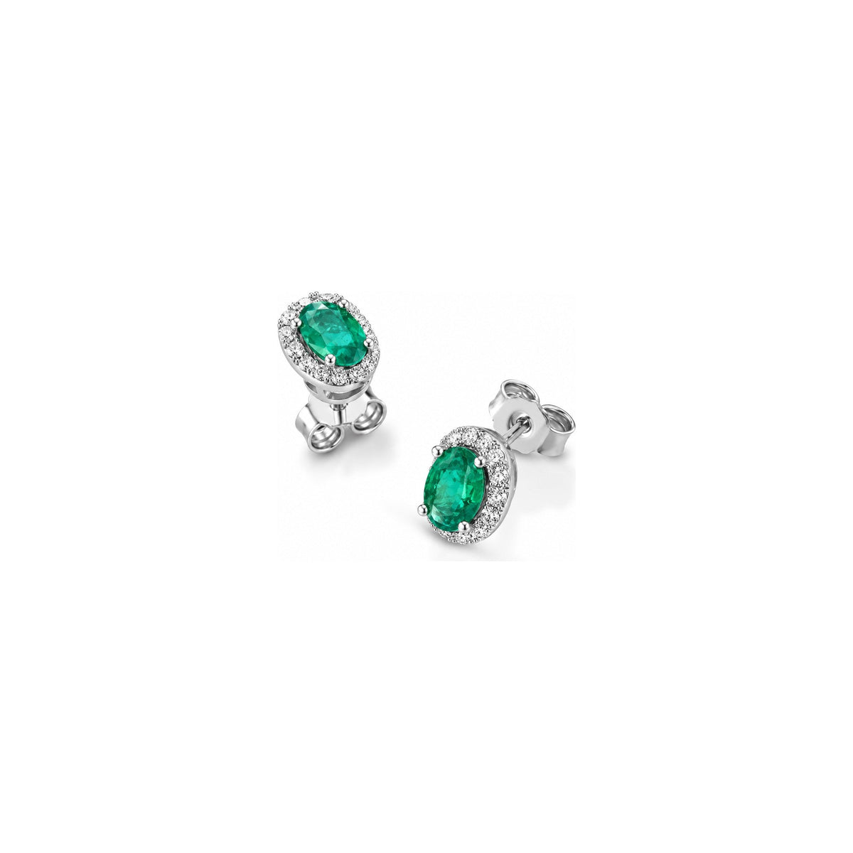 Orecchini Halo Ovale con Diamanti Naturali e Smeraldo in Oro Bianco 18kt