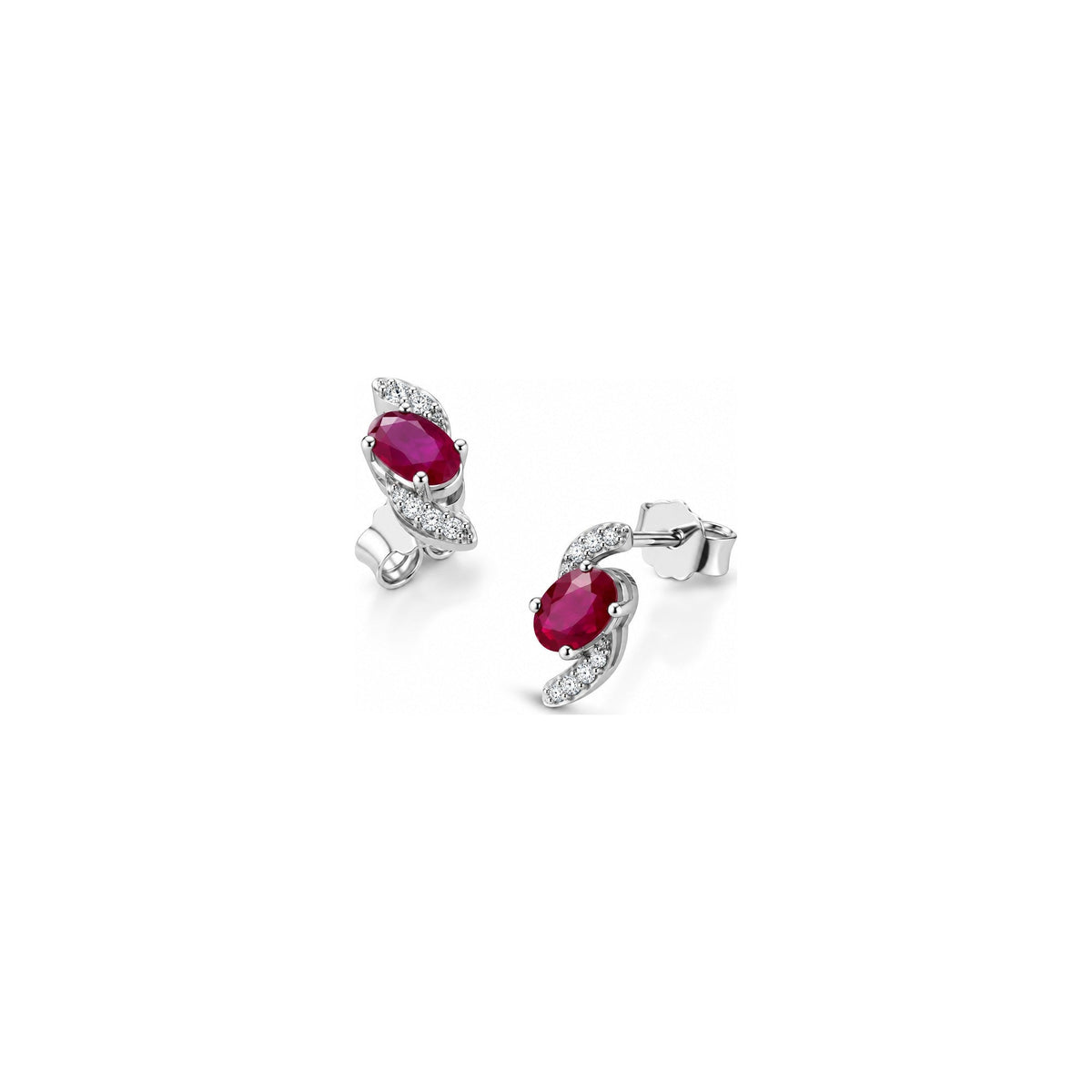 Orecchini Onda con Diamanti Naturali e Rubino in Oro Bianco 18kt