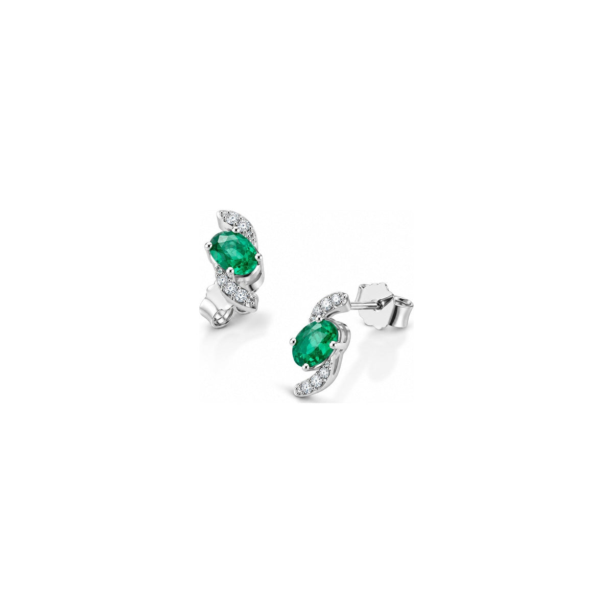 Orecchini Onda con Diamanti Naturali e Smeraldo in Oro Bianco 18kt