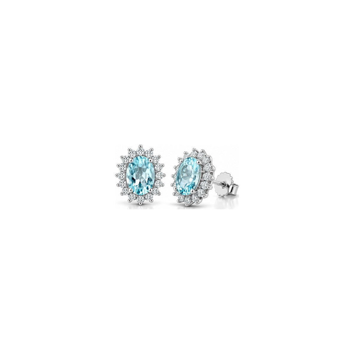 Orecchini Halo Ovale con Diamanti Naturali e Acquamarina in Oro Bianco 18kt