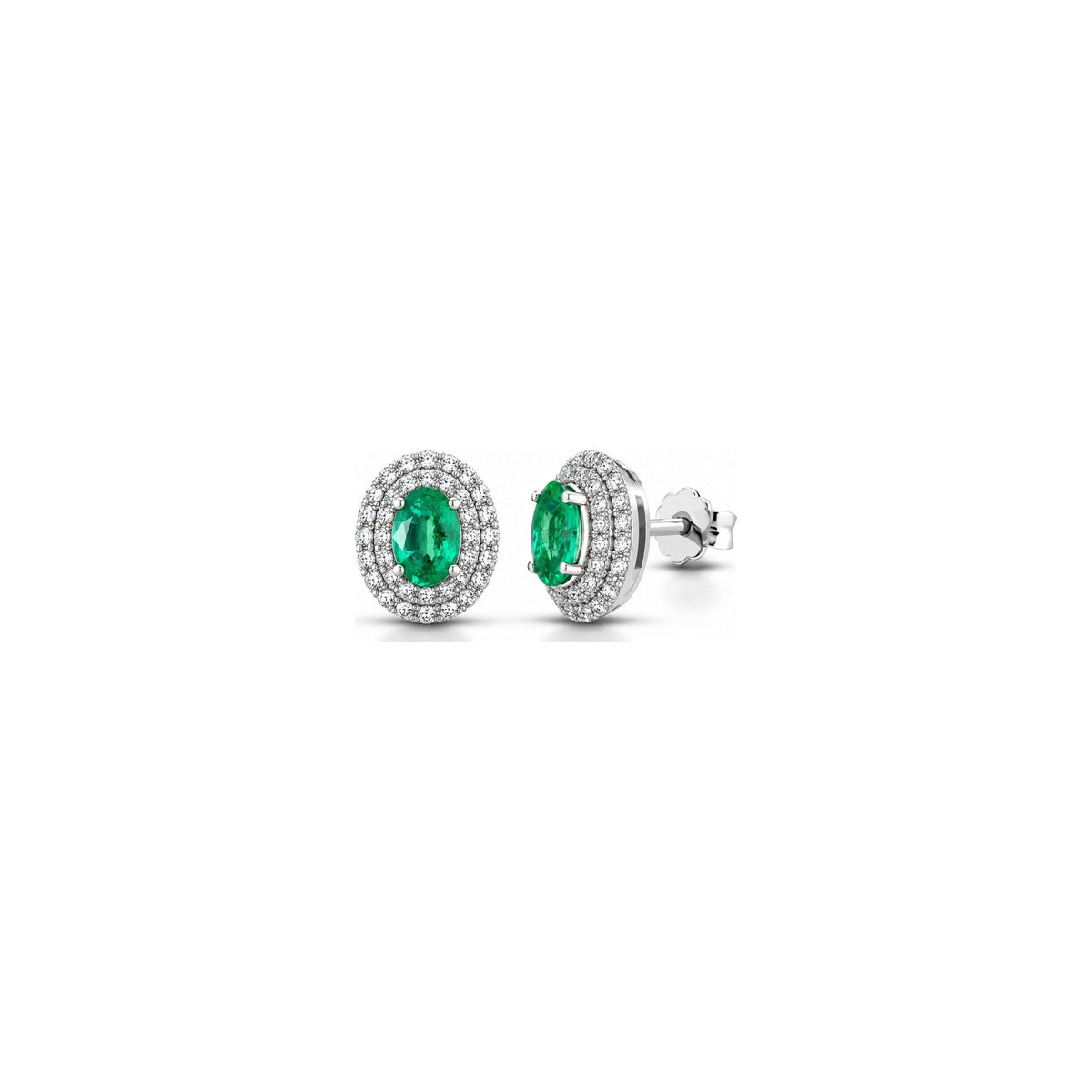 Orecchini Ovale con Diamanti Naturali e Smeraldo in Oro Bianco 18kt