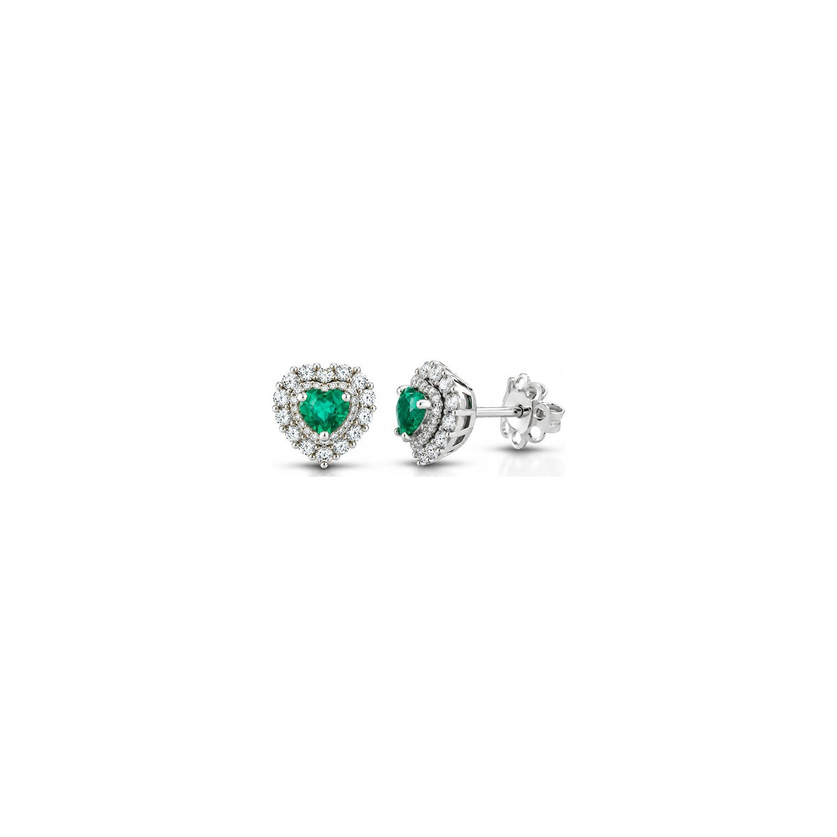 Orecchini Cuore con Diamanti Naturali e Smeraldo in Oro Bianco 18kt