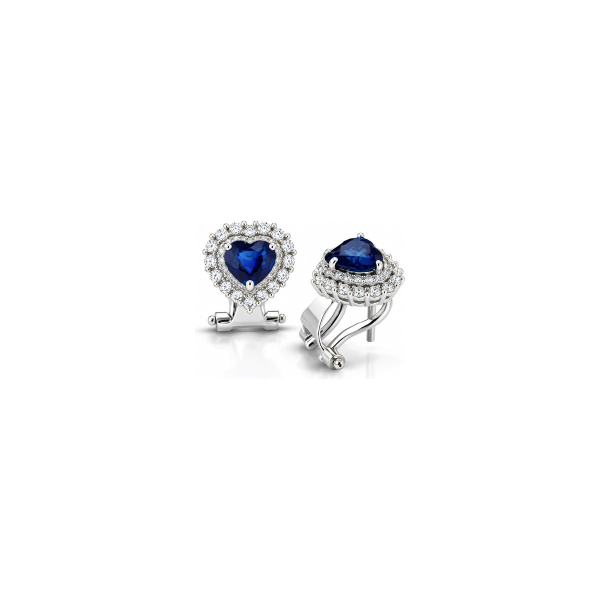 Orecchini Cuore con Diamanti Naturali e Zaffiro in Oro Bianco 18kt
