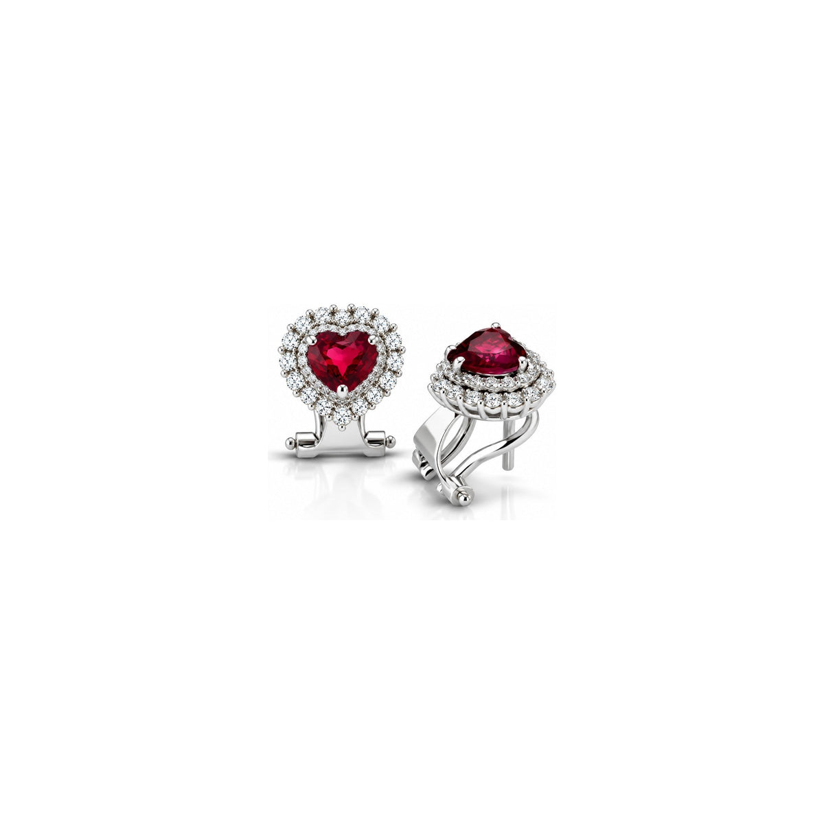 Orecchini Cuore con Diamanti Naturali e Rubino in Oro Bianco 18kt