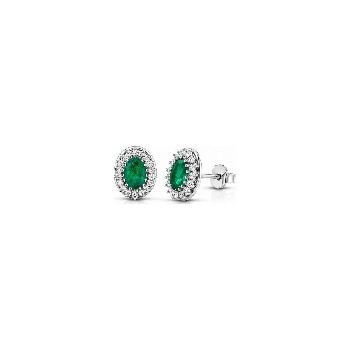 Orecchini Halo Ovale con Diamanti Naturali e Smeraldo in Oro Bianco 18kt