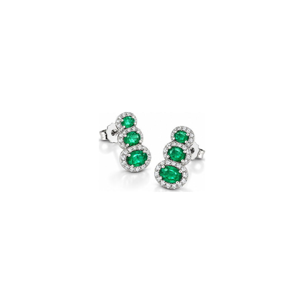 Orecchini Halo Ovale con Diamanti Naturali e Smeraldo in Oro Bianco 18kt