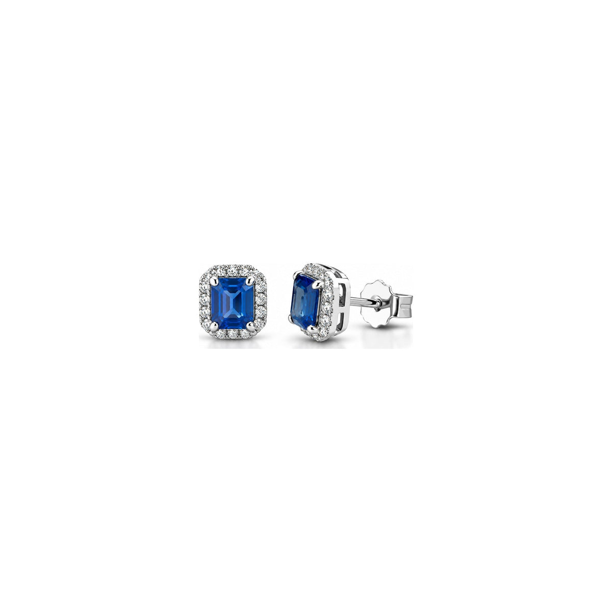 Orecchini Halo Ottagonale con Diamanti Naturali e Zaffiro in Oro Bianco 18kt