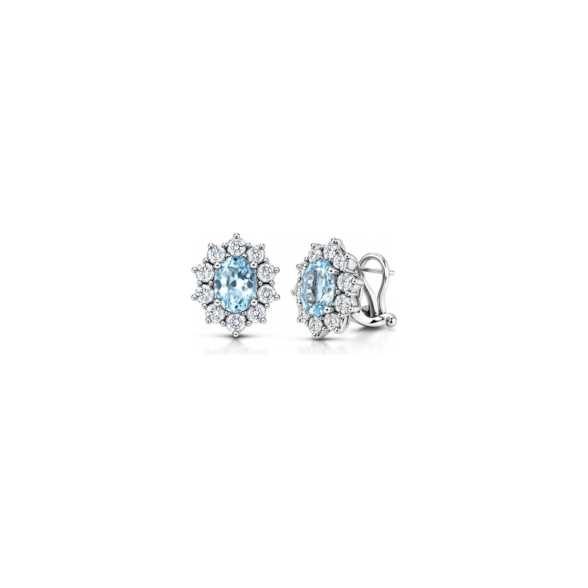 Orecchini Halo Ovale con Diamanti Naturali e Acquamarina in Oro Bianco 18kt