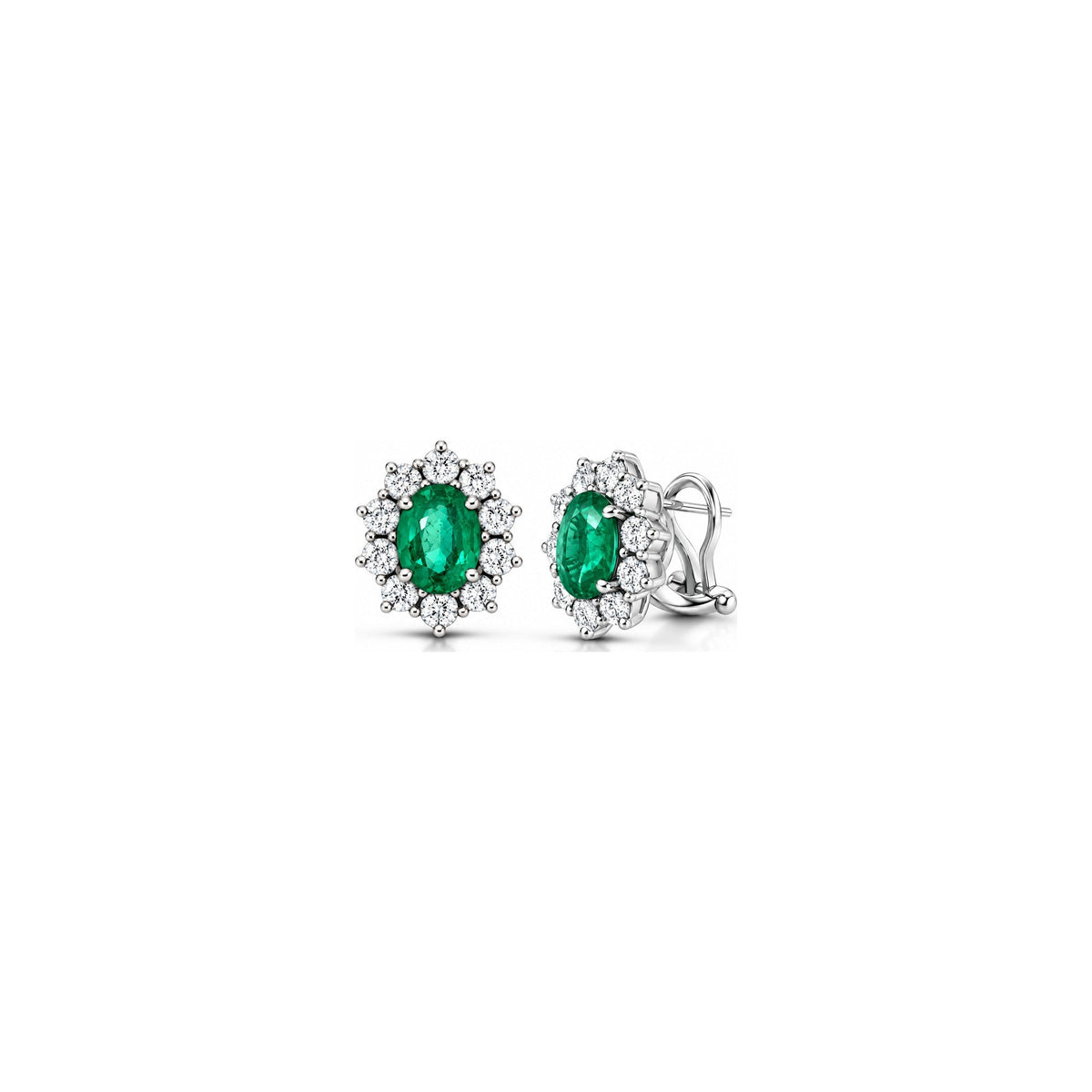 Orecchini Halo Ovale con Diamanti Naturali e Smeraldo in Oro Bianco 18kt