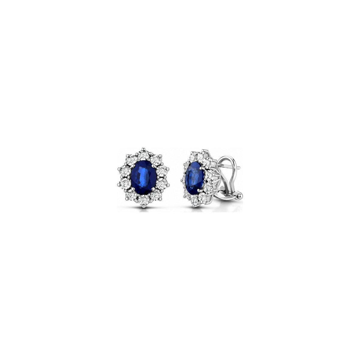 Orecchini Halo Ovale con Diamanti Naturali e Zaffiro in Oro Bianco 18kt