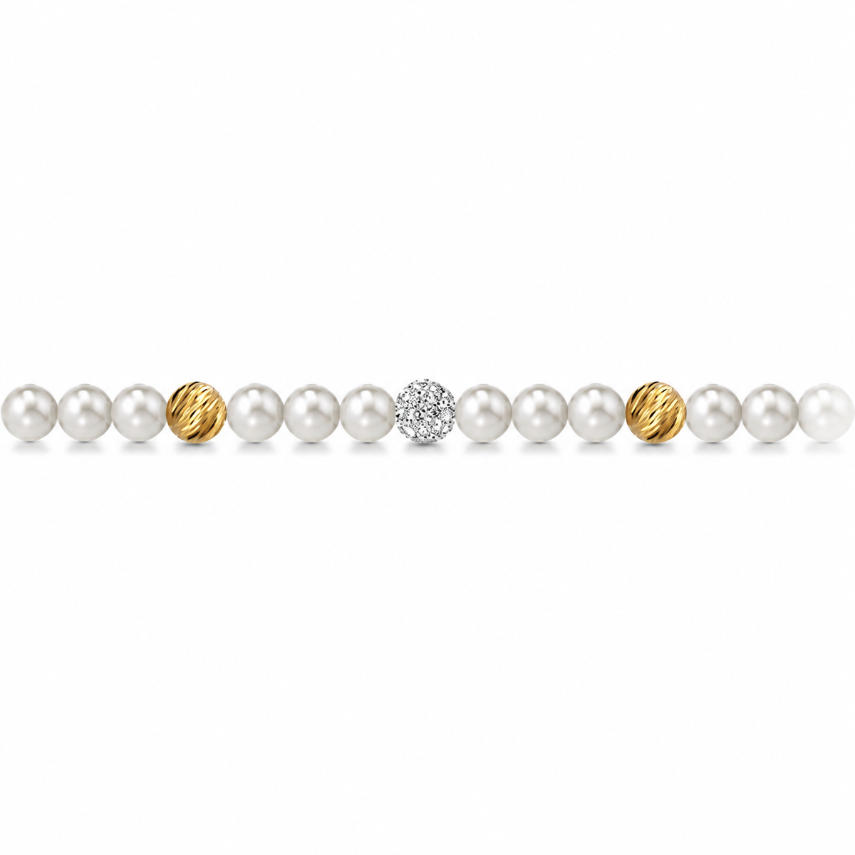 Bracciale di Perle con Sfere Rigate e Zirconi in Oro Giallo 18kt