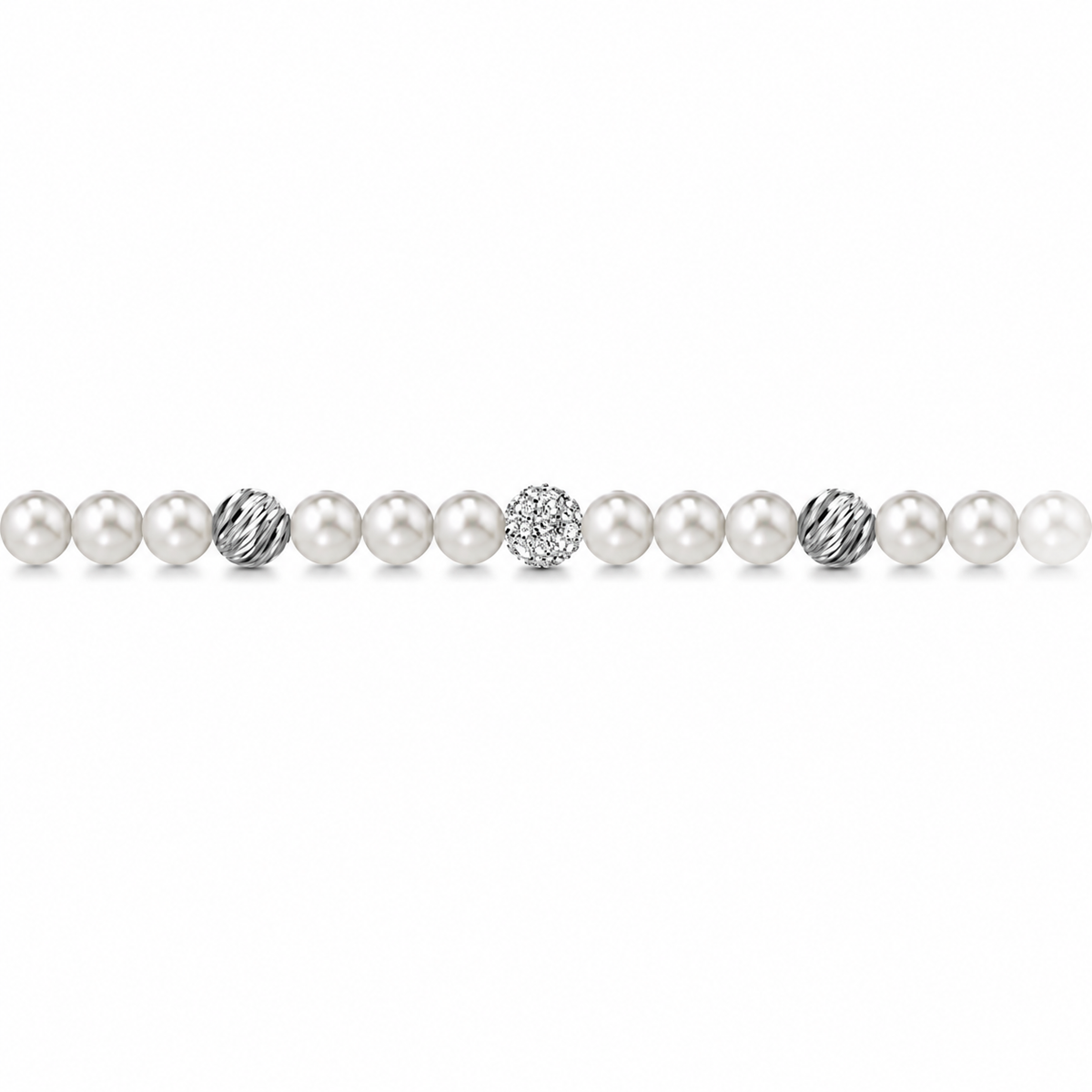 Bracciale di Perle con Sfere Rigate e Zirconi in Oro Bianco 18kt