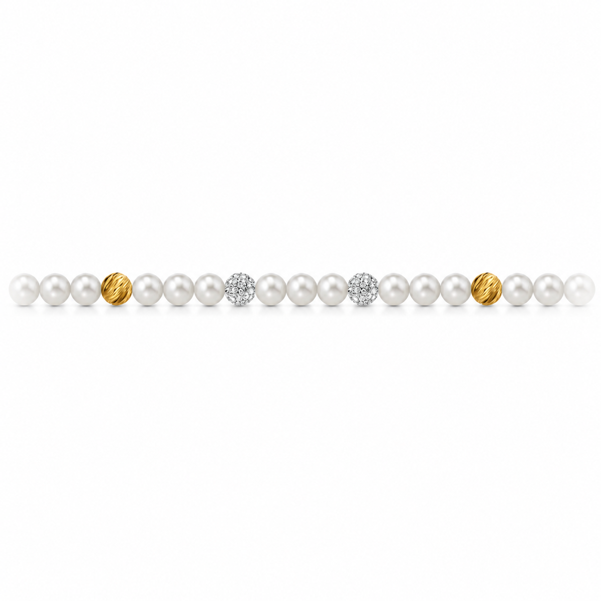 Bracciale di Perle con Sfere Rigate e Zirconi in Oro Giallo 18kt
