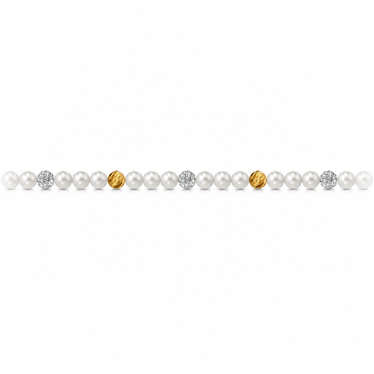 Bracciale di Perle con Sfere Rigate e Zirconi in Oro Giallo 18kt