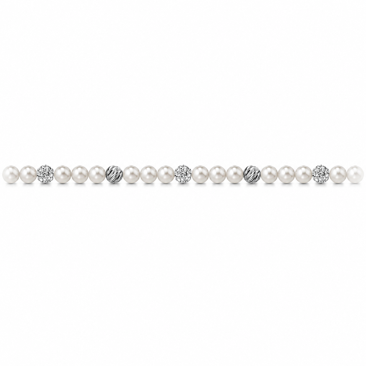 Bracciale di Perle con Sfere Rigate e Zirconi in Oro Bianco 18kt